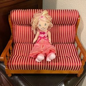🤩Darling red & cream striped upholstered & wood 17.5” long doll/kitten couch.